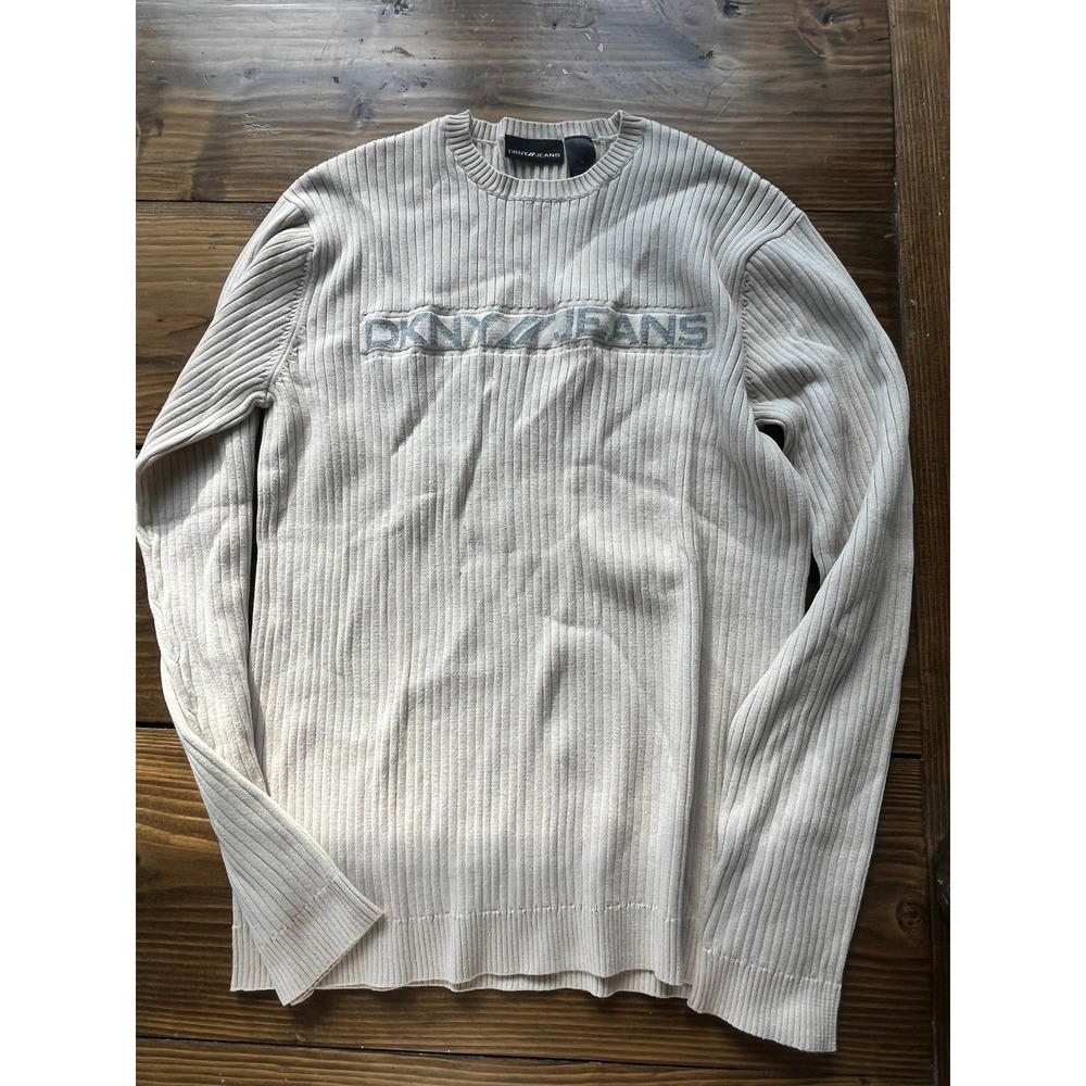 DKNY Jeans Mens Ribbed Knit Logo Sweater Cream‎ Long Sleeve Cotton Size M